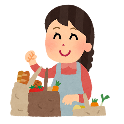 雄岡病院8月ブログ・買い物袋と主婦のイラスト